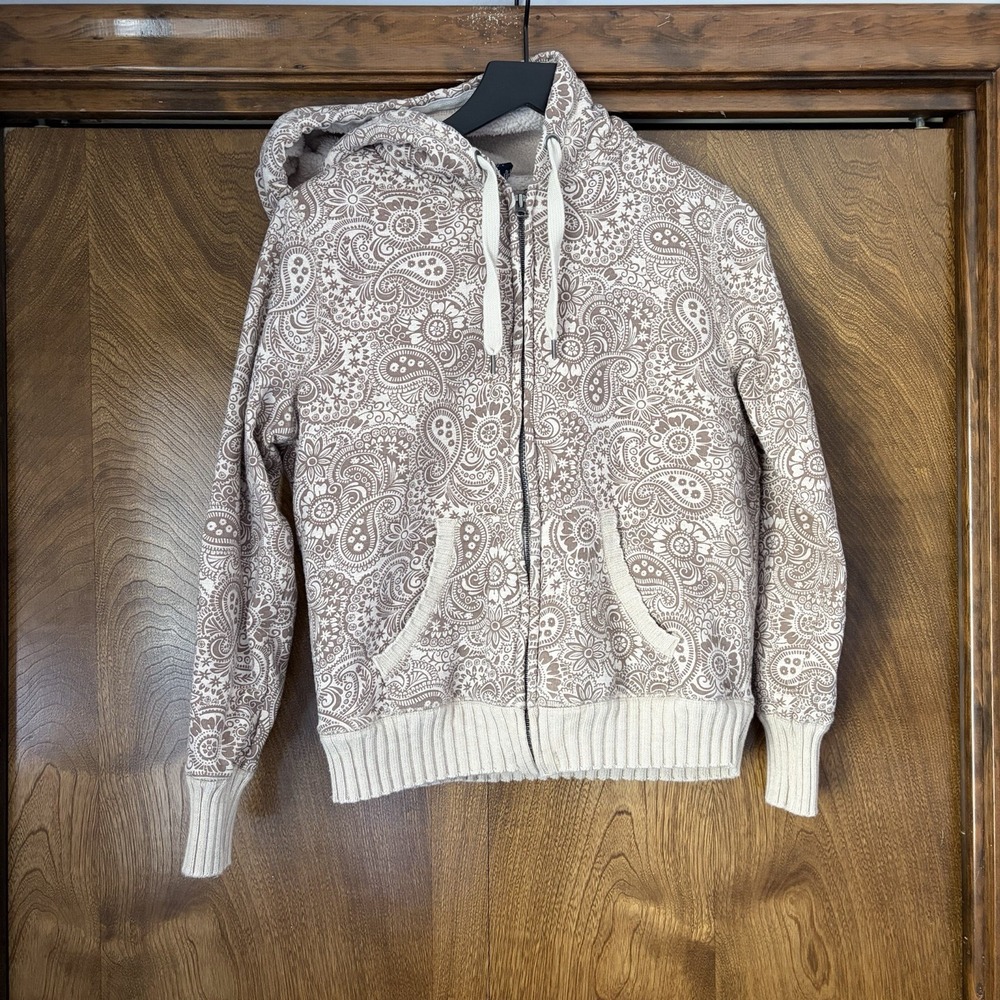 Faded Glory Small Tan Paisley Sherpa Lined Organic Cotton Coat Zip Hood Indie